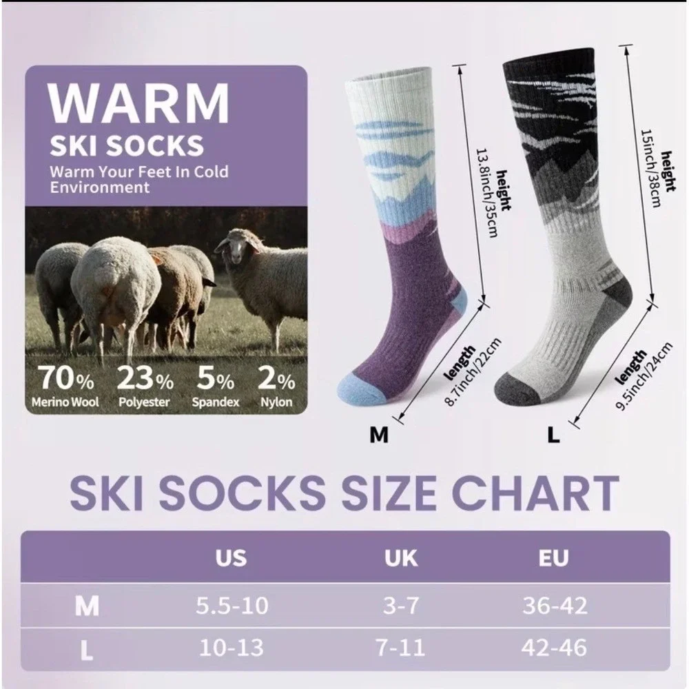 Unisex Tall Ski Socks 10-13 Merino Wool Anti-odor Anti-slip Alps Design NEW NICE